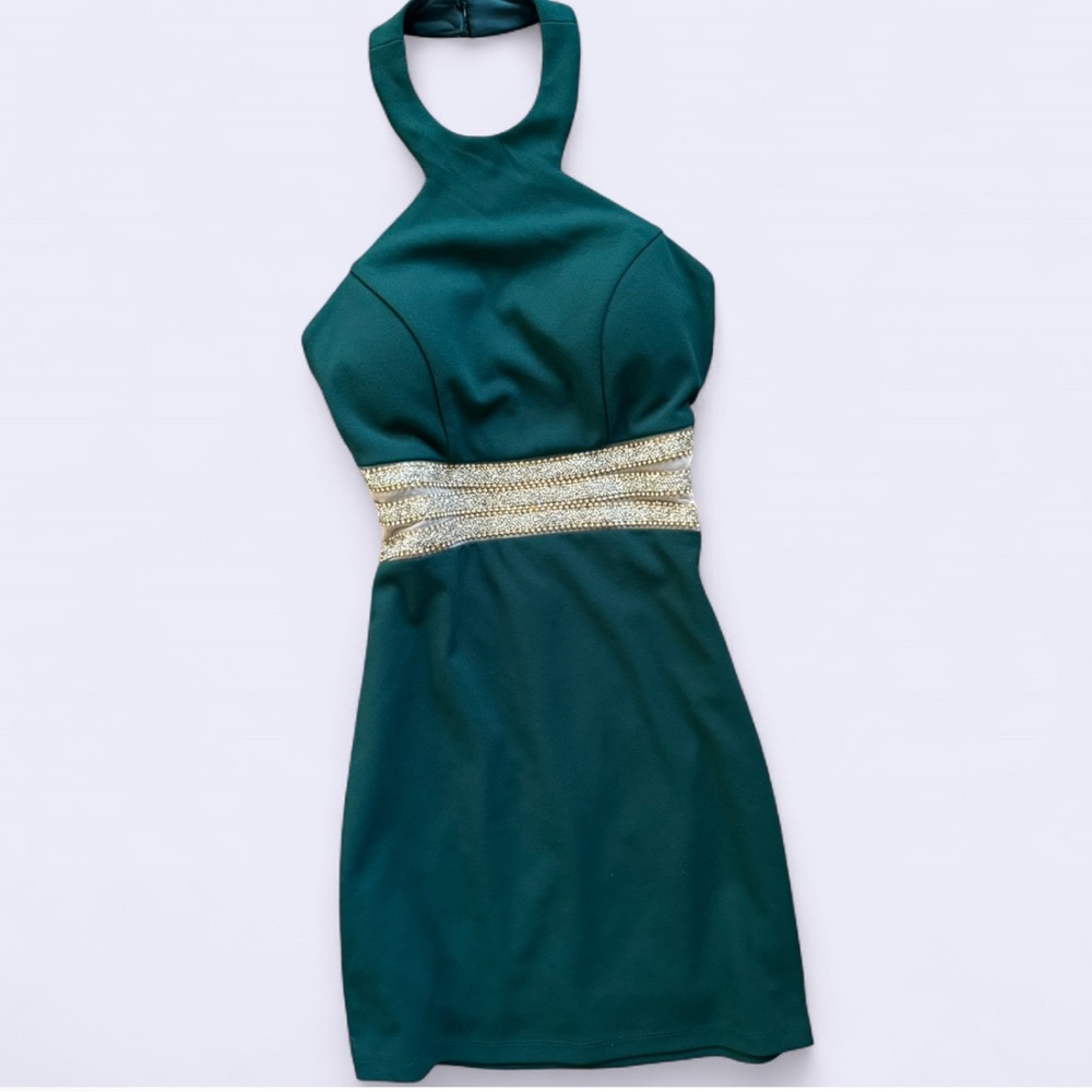 Speechless Forest Green Rhinestone Mesh Mini Dress Halter Sparkle Party NWT